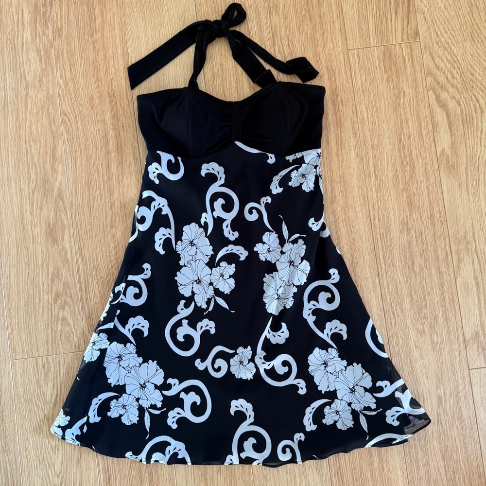 White House Black Market Silk Halter Dress Women 4 Black Floral Scroll srapless